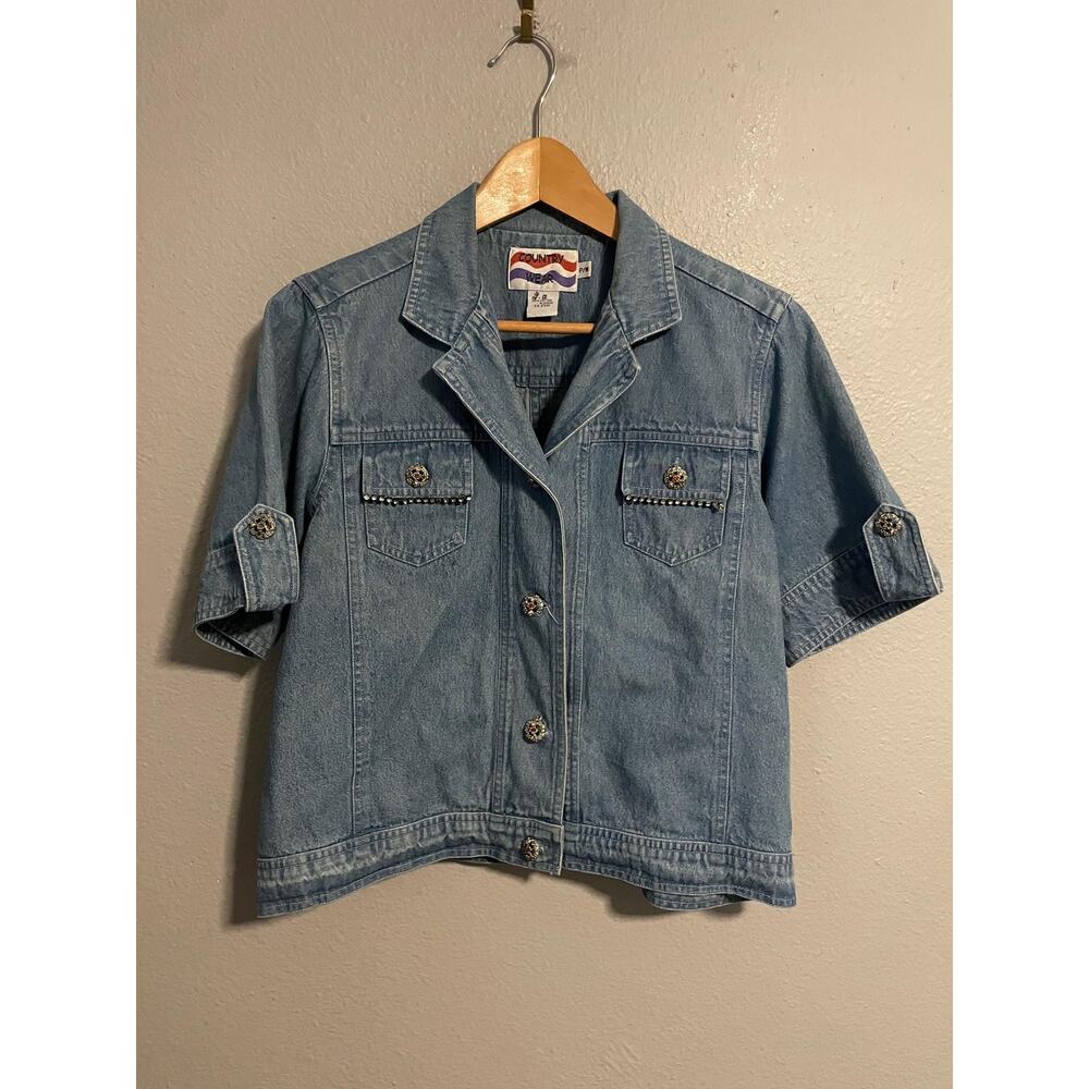 VTG Country Wear Jacket Womens Petite Medium Denim Short Slv Rhinestone Western